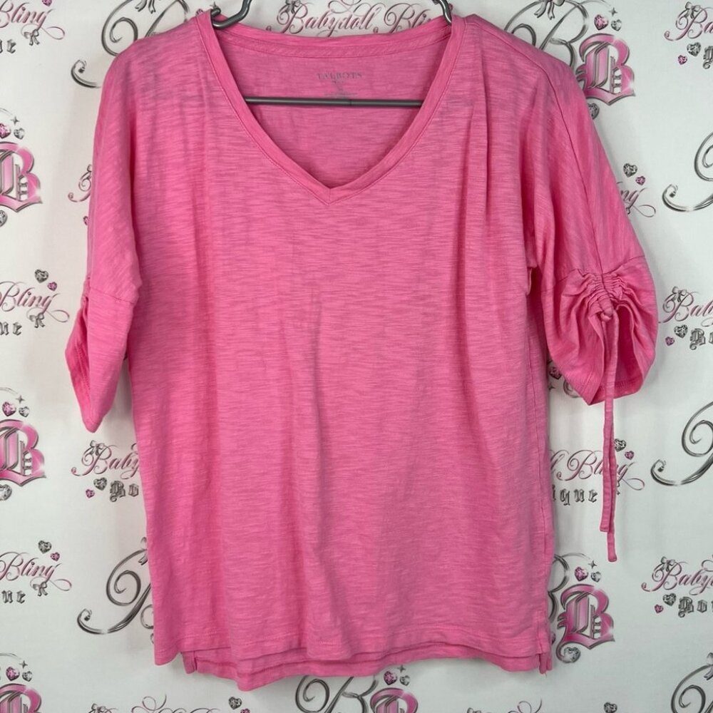 Talbots tee tshirt soft comfy Pink V-Neck Blouse with Ruched Sleeves